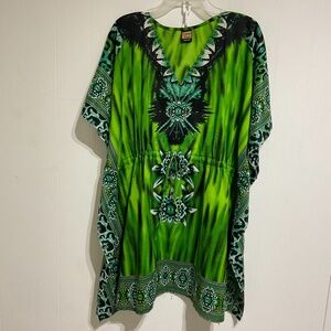 California Woman Tunic Green Black One Size Relax fit Waist tie 3/4 sleeves